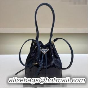 Super Quality Prada Sequined Bucket mini-bag 1BE067 Navy Blue 2024