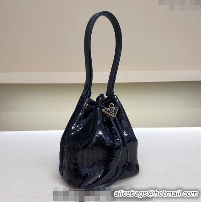 Super Quality Prada Sequined Bucket mini-bag 1BE067 Navy Blue 2024