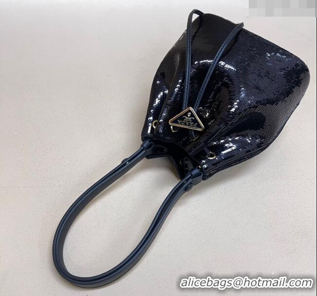 Super Quality Prada Sequined Bucket mini-bag 1BE067 Navy Blue 2024