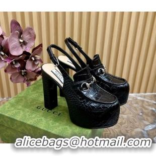 Pretty Style Gucci Horsebit Platform High Heel Slingback Pumps 13.5cm in Stone Embossed Leather Black 814059