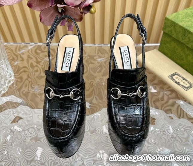 Pretty Style Gucci Horsebit Platform High Heel Slingback Pumps 13.5cm in Stone Embossed Leather Black 814059