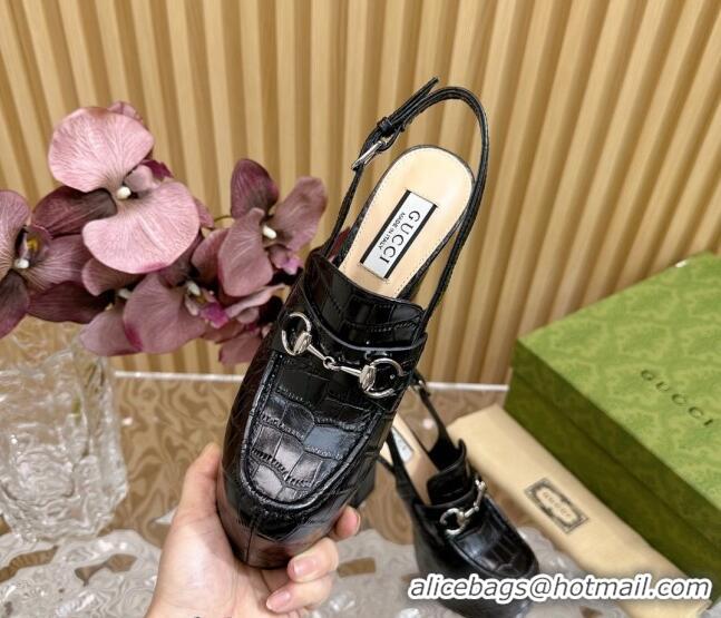 Pretty Style Gucci Horsebit Platform High Heel Slingback Pumps 13.5cm in Stone Embossed Leather Black 814059