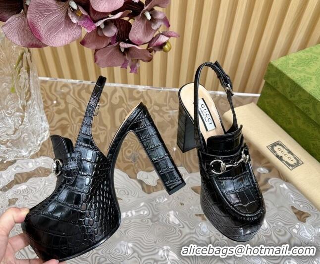 Pretty Style Gucci Horsebit Platform High Heel Slingback Pumps 13.5cm in Stone Embossed Leather Black 814059