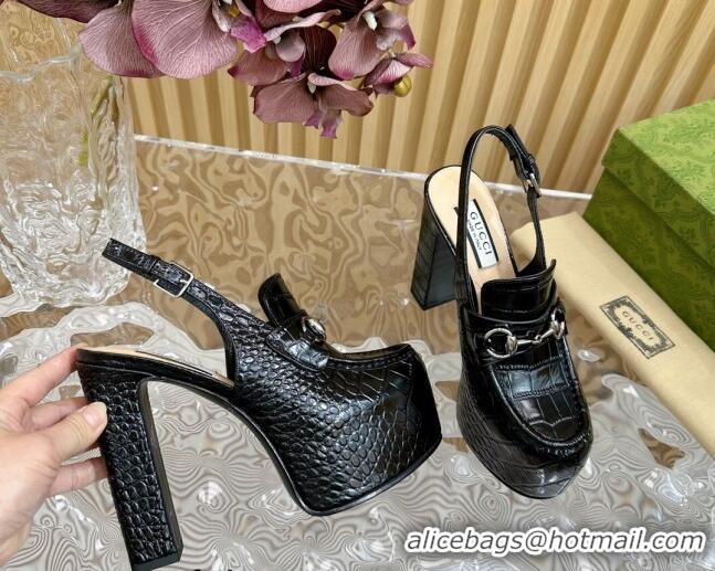 Pretty Style Gucci Horsebit Platform High Heel Slingback Pumps 13.5cm in Stone Embossed Leather Black 814059