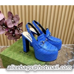 Shop Duplicate Gucci Horsebit Platform High Heel Slingback Pumps 13.5cm in Stone Embossed Leather Blue 814060