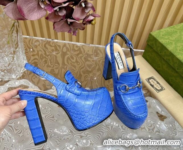 Shop Duplicate Gucci Horsebit Platform High Heel Slingback Pumps 13.5cm in Stone Embossed Leather Blue 814060