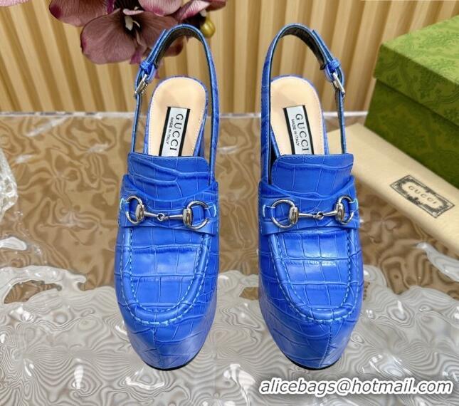 Shop Duplicate Gucci Horsebit Platform High Heel Slingback Pumps 13.5cm in Stone Embossed Leather Blue 814060