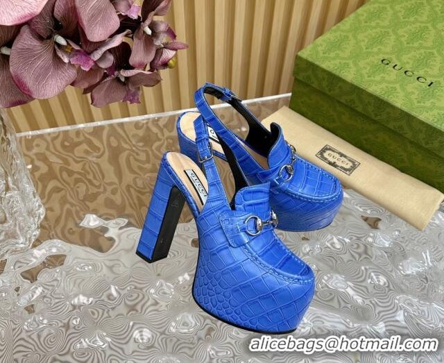 Shop Duplicate Gucci Horsebit Platform High Heel Slingback Pumps 13.5cm in Stone Embossed Leather Blue 814060