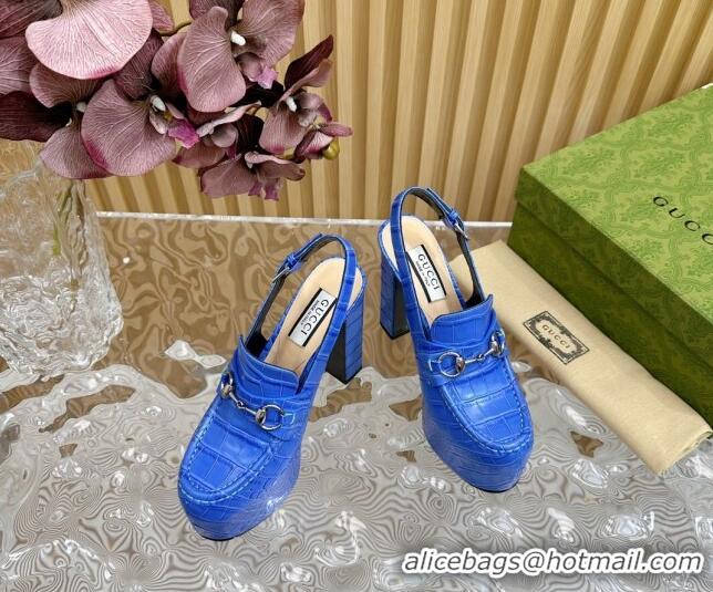 Shop Duplicate Gucci Horsebit Platform High Heel Slingback Pumps 13.5cm in Stone Embossed Leather Blue 814060