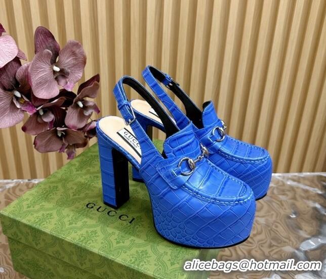 Shop Duplicate Gucci Horsebit Platform High Heel Slingback Pumps 13.5cm in Stone Embossed Leather Blue 814060