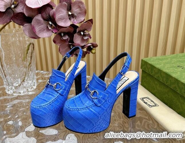 Shop Duplicate Gucci Horsebit Platform High Heel Slingback Pumps 13.5cm in Stone Embossed Leather Blue 814060