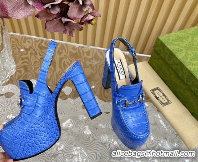 Shop Duplicate Gucci Horsebit Platform High Heel Slingback Pumps 13.5cm in Stone Embossed Leather Blue 814060