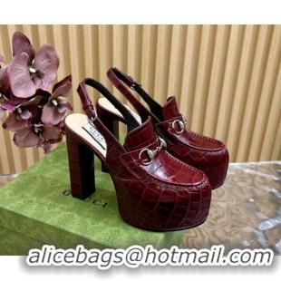 Grade Quality Gucci Horsebit Platform High Heel Slingback Pumps 13.5cm in Stone Embossed Leather Dark Burgundy 814061