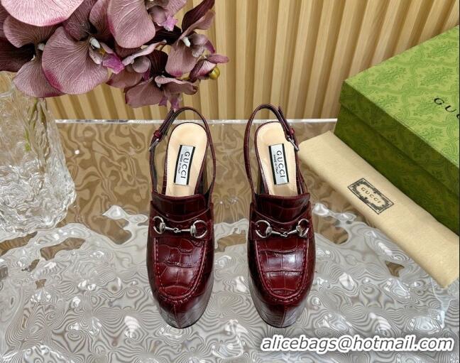 Grade Quality Gucci Horsebit Platform High Heel Slingback Pumps 13.5cm in Stone Embossed Leather Dark Burgundy 814061