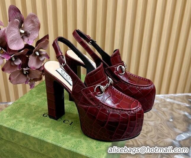 Grade Quality Gucci Horsebit Platform High Heel Slingback Pumps 13.5cm in Stone Embossed Leather Dark Burgundy 814061