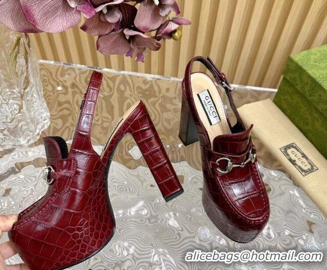 Grade Quality Gucci Horsebit Platform High Heel Slingback Pumps 13.5cm in Stone Embossed Leather Dark Burgundy 814061