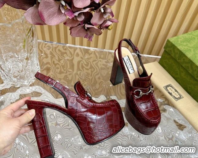 Grade Quality Gucci Horsebit Platform High Heel Slingback Pumps 13.5cm in Stone Embossed Leather Dark Burgundy 814061