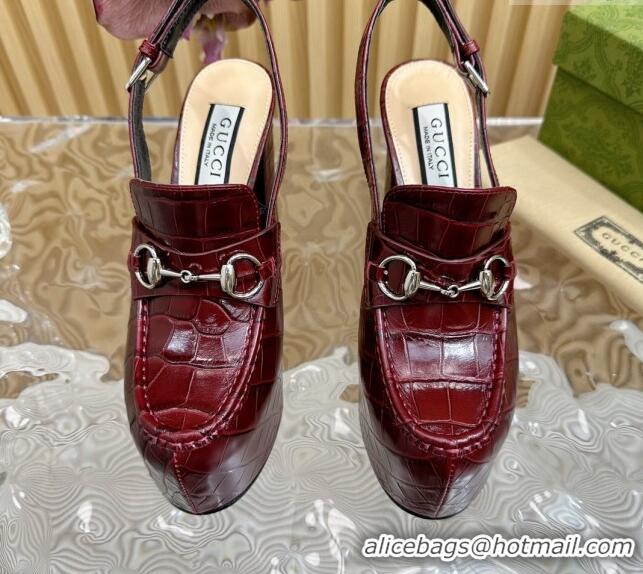 Grade Quality Gucci Horsebit Platform High Heel Slingback Pumps 13.5cm in Stone Embossed Leather Dark Burgundy 814061