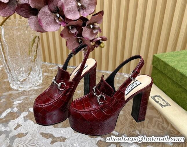 Grade Quality Gucci Horsebit Platform High Heel Slingback Pumps 13.5cm in Stone Embossed Leather Dark Burgundy 814061