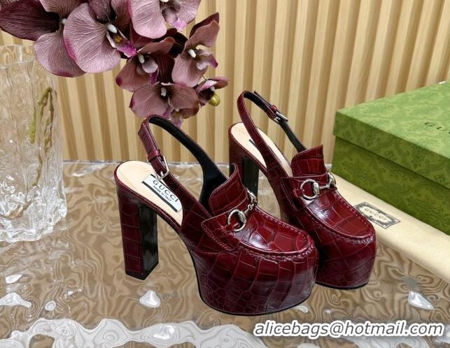 Grade Quality Gucci Horsebit Platform High Heel Slingback Pumps 13.5cm in Stone Embossed Leather Dark Burgundy 814061