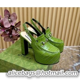 Cheap Price Gucci Horsebit Platform High Heel Slingback Pumps 13.5cm in Stone Embossed Leather Green 814062