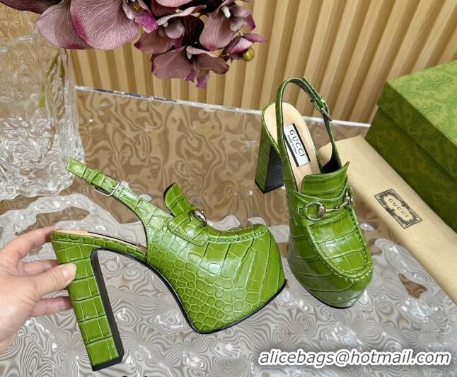 Cheap Price Gucci Horsebit Platform High Heel Slingback Pumps 13.5cm in Stone Embossed Leather Green 814062