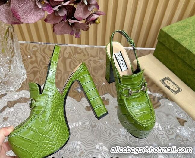 Cheap Price Gucci Horsebit Platform High Heel Slingback Pumps 13.5cm in Stone Embossed Leather Green 814062