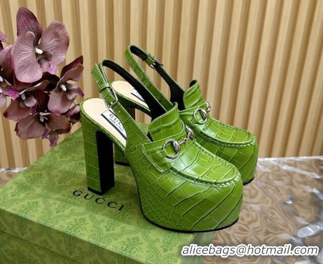 Cheap Price Gucci Horsebit Platform High Heel Slingback Pumps 13.5cm in Stone Embossed Leather Green 814062