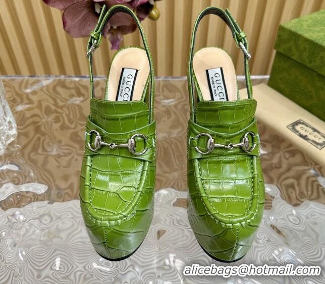 Cheap Price Gucci Horsebit Platform High Heel Slingback Pumps 13.5cm in Stone Embossed Leather Green 814062