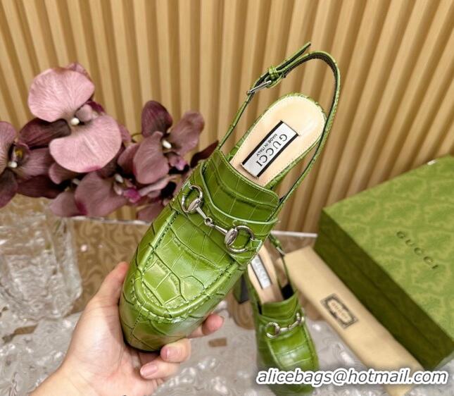 Cheap Price Gucci Horsebit Platform High Heel Slingback Pumps 13.5cm in Stone Embossed Leather Green 814062