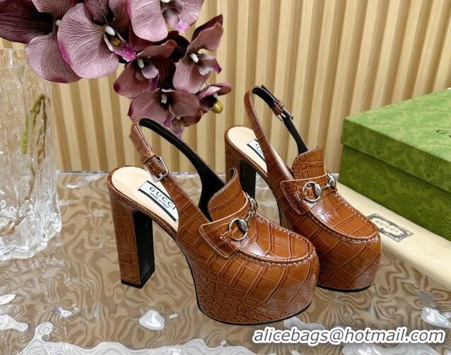 Top Grade Gucci Horsebit Platform High Heel Slingback Pumps 13.5cm in Stone Embossed Leather Brown 0814063