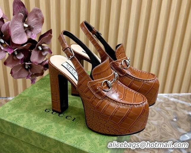 Top Grade Gucci Horsebit Platform High Heel Slingback Pumps 13.5cm in Stone Embossed Leather Brown 0814063