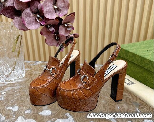 Top Grade Gucci Horsebit Platform High Heel Slingback Pumps 13.5cm in Stone Embossed Leather Brown 0814063