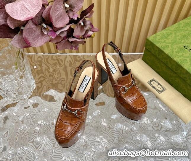 Top Grade Gucci Horsebit Platform High Heel Slingback Pumps 13.5cm in Stone Embossed Leather Brown 0814063