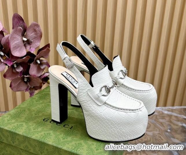 Popular Style Gucci Horsebit Platform High Heel Slingback Pumps 13.5cm in Stone Embossed Leather White 814065