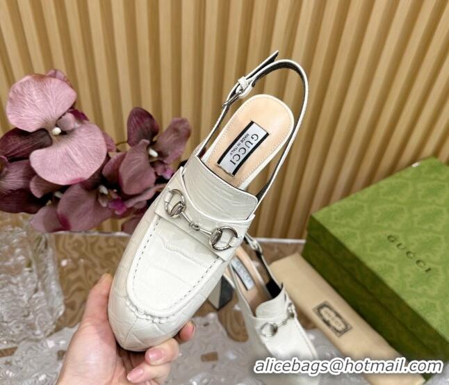 Popular Style Gucci Horsebit Platform High Heel Slingback Pumps 13.5cm in Stone Embossed Leather White 814065