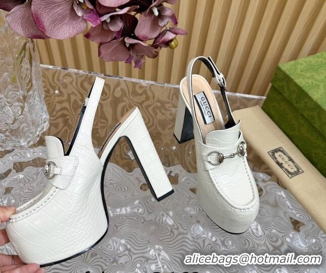 Popular Style Gucci Horsebit Platform High Heel Slingback Pumps 13.5cm in Stone Embossed Leather White 814065