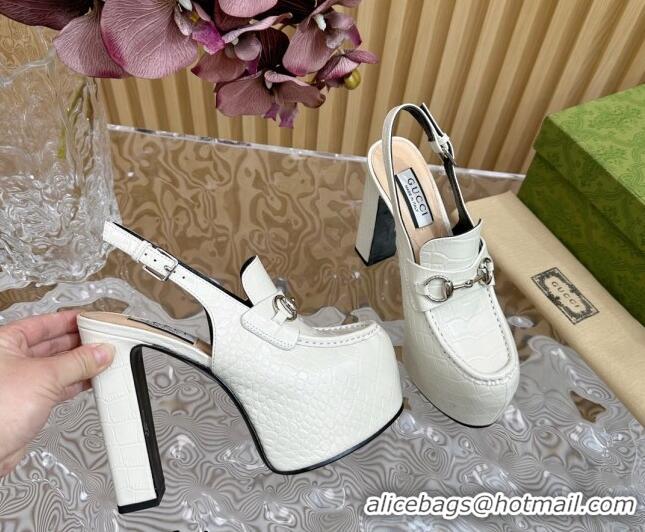 Popular Style Gucci Horsebit Platform High Heel Slingback Pumps 13.5cm in Stone Embossed Leather White 814065