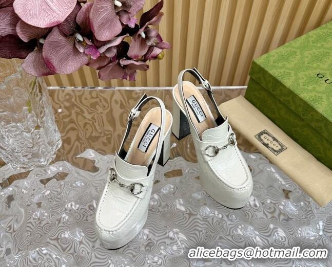 Popular Style Gucci Horsebit Platform High Heel Slingback Pumps 13.5cm in Stone Embossed Leather White 814065