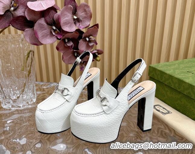 Popular Style Gucci Horsebit Platform High Heel Slingback Pumps 13.5cm in Stone Embossed Leather White 814065