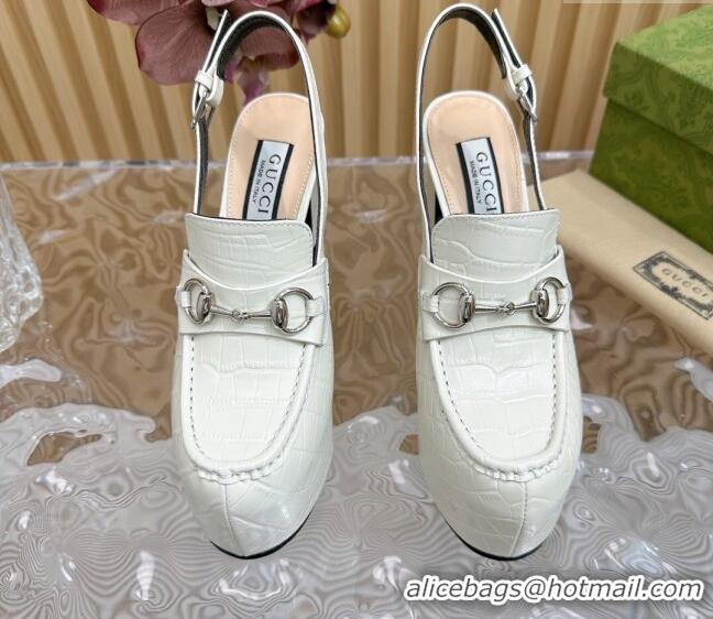 Popular Style Gucci Horsebit Platform High Heel Slingback Pumps 13.5cm in Stone Embossed Leather White 814065