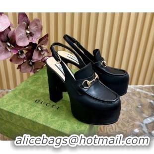 Unique Style Gucci Horsebit Platform High Heel Slingback Pumps 13.5cm in Calf Leather Black 814064