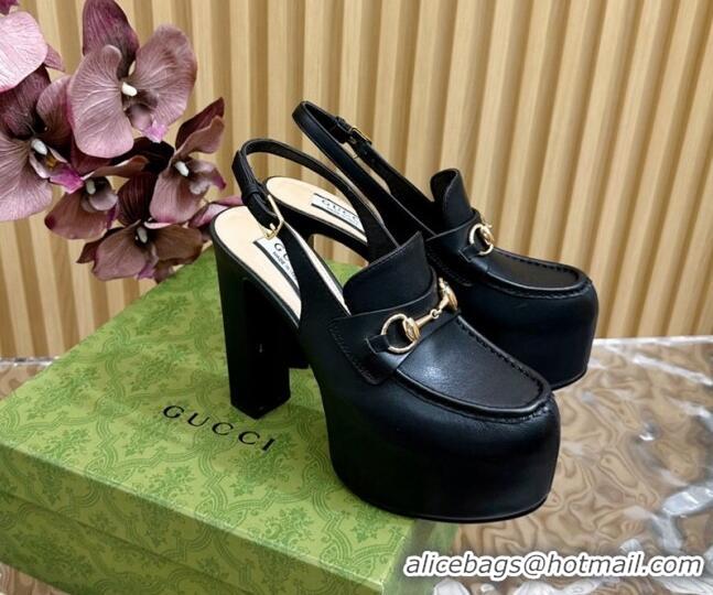 Unique Style Gucci Horsebit Platform High Heel Slingback Pumps 13.5cm in Calf Leather Black 814064