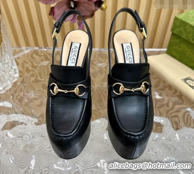 Unique Style Gucci Horsebit Platform High Heel Slingback Pumps 13.5cm in Calf Leather Black 814064