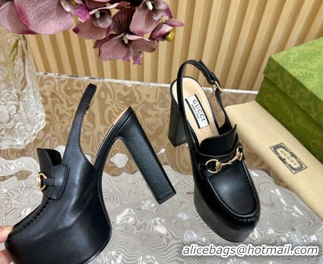 Unique Style Gucci Horsebit Platform High Heel Slingback Pumps 13.5cm in Calf Leather Black 814064