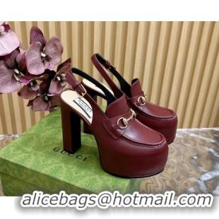 Low Cost Gucci Horsebit Platform High Heel Slingback Pumps 13.5cm in Calf Leather Dark Burgundy 814066