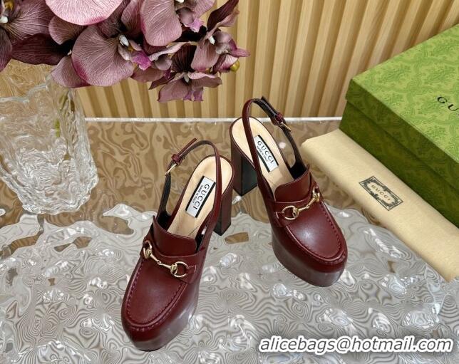 Low Cost Gucci Horsebit Platform High Heel Slingback Pumps 13.5cm in Calf Leather Dark Burgundy 814066