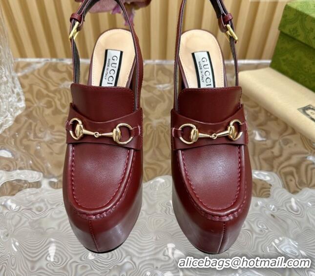 Low Cost Gucci Horsebit Platform High Heel Slingback Pumps 13.5cm in Calf Leather Dark Burgundy 814066