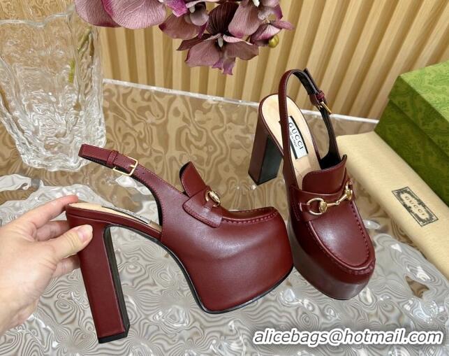 Low Cost Gucci Horsebit Platform High Heel Slingback Pumps 13.5cm in Calf Leather Dark Burgundy 814066