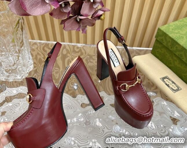 Low Cost Gucci Horsebit Platform High Heel Slingback Pumps 13.5cm in Calf Leather Dark Burgundy 814066